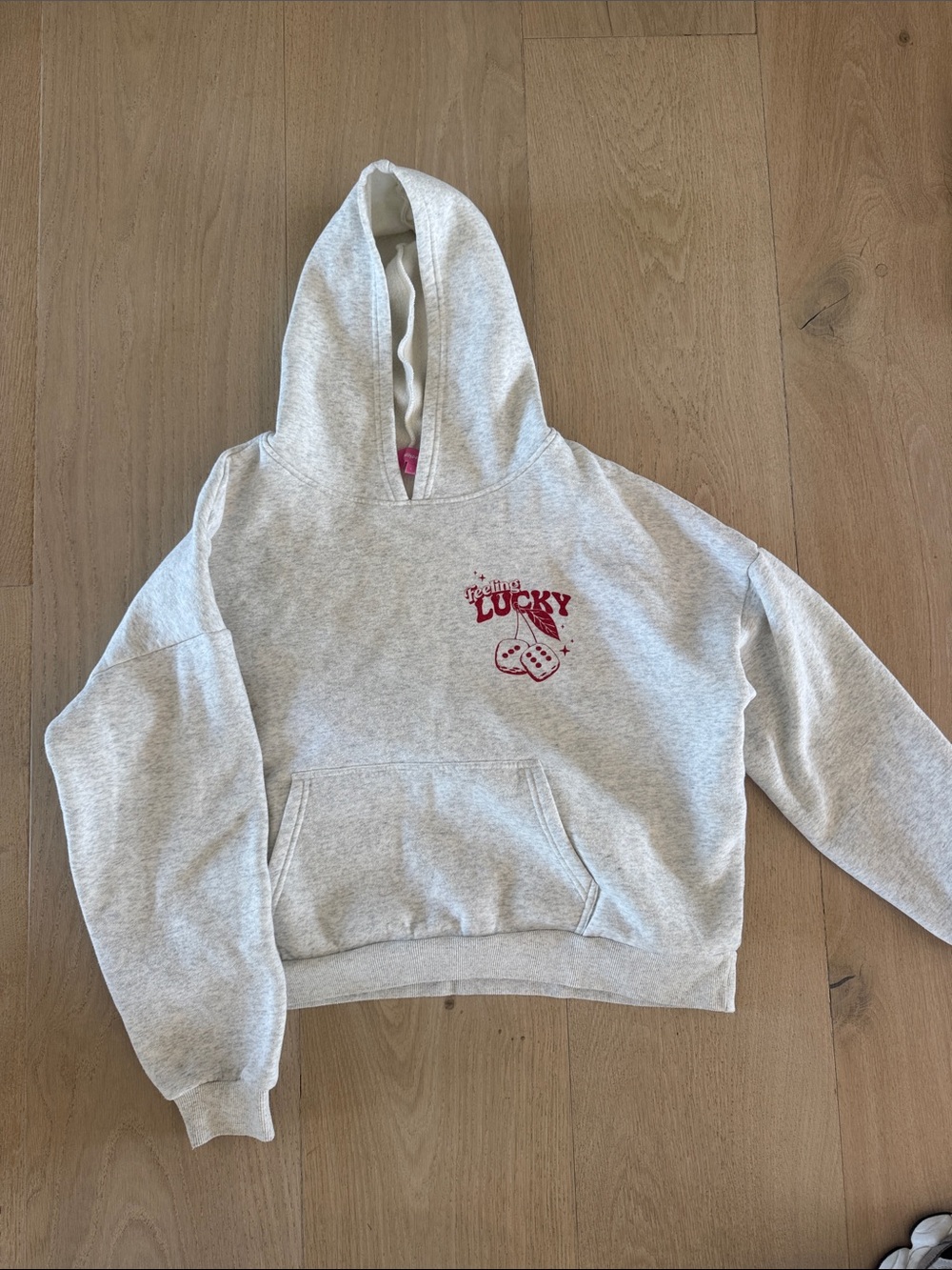 Edikted Light Gray Cropped Hoodie with Red "Feeling Lucky" Embroidery